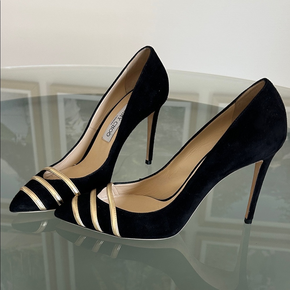 Jimmy Choo Black Suede Pumps with Gold Accent Straps - Picture 2 of 5